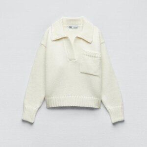 Zara Thick Knit Cream Cropped Sweater With Pocket Women Medium
